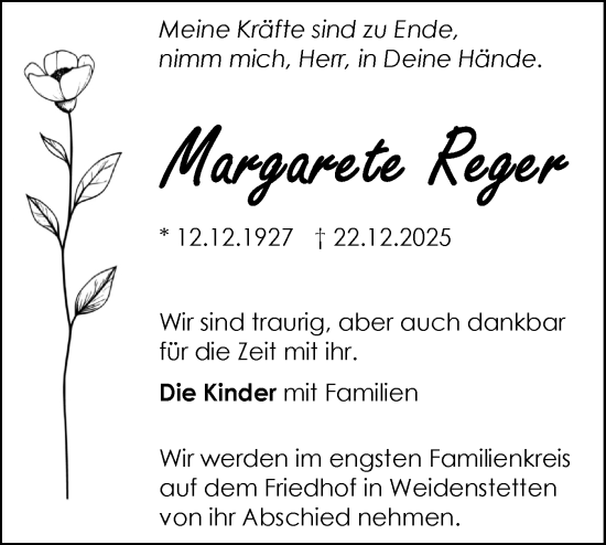 Traueranzeige von Margarete Reger von SÜDWEST PRESSE Ausgabe Ulm/Neu-Ulm