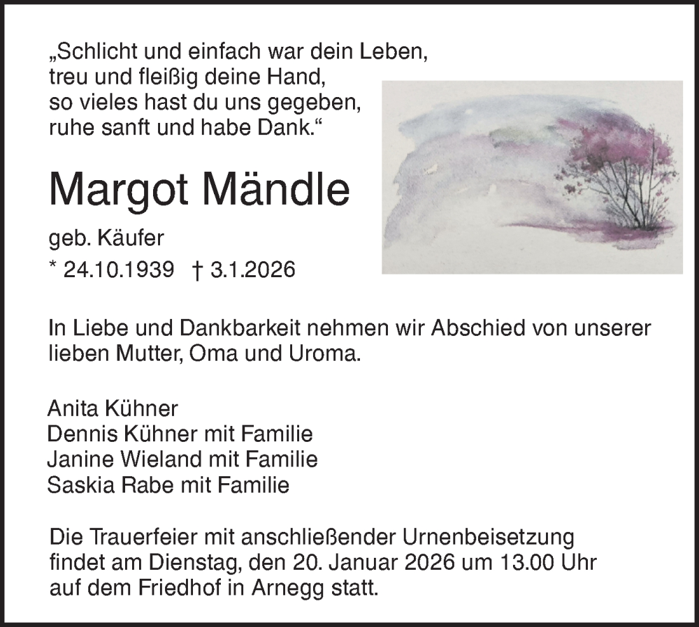  Traueranzeige für Margot Mändle vom 10.01.2026 aus SÜDWEST PRESSE Ausgabe Ulm/Neu-Ulm