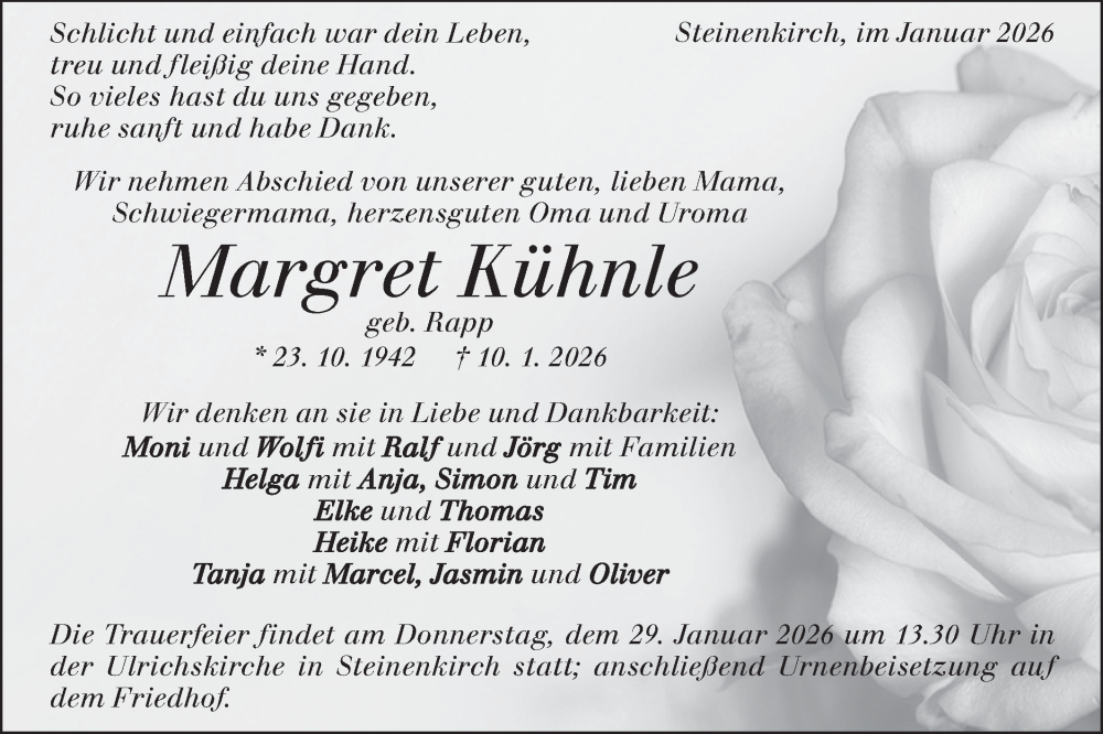  Traueranzeige für Margret Kühnle vom 24.01.2026 aus Geislinger Zeitung