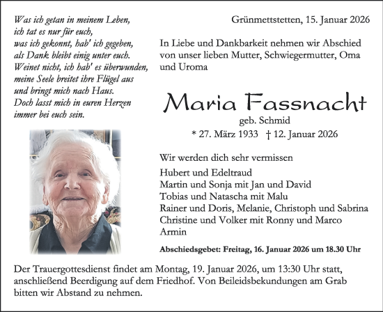 Traueranzeige von Maria Fassnacht von Neckar-Chronik
