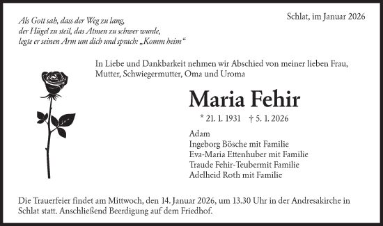 Traueranzeige von Maria Fehir von NWZ Neue Württembergische Zeitung