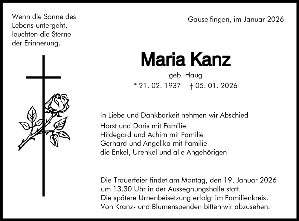  Traueranzeige für Maria Kanz vom 14.01.2026 aus SÜDWEST PRESSE Zollernalbkreis/Hohenzollerische Zeitung