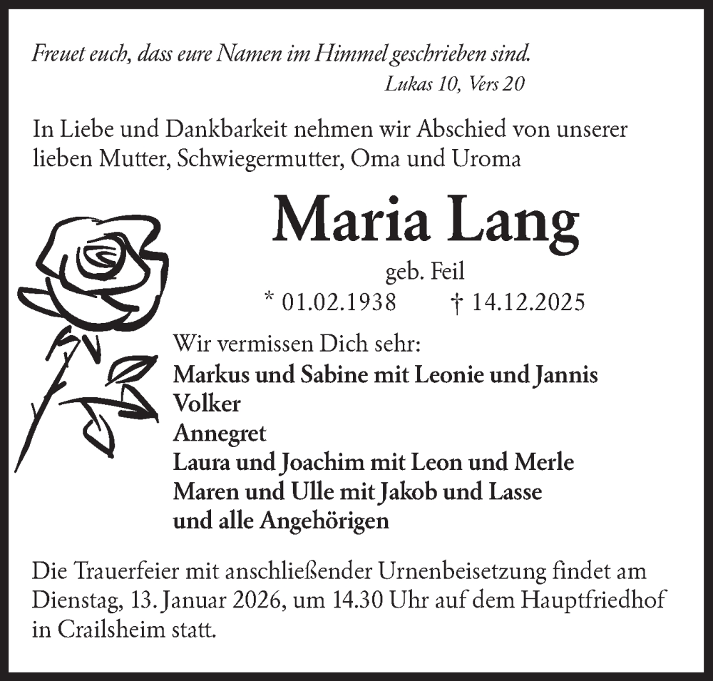 Traueranzeige für Maria Lang vom 10.01.2026 aus Hohenloher Tagblatt