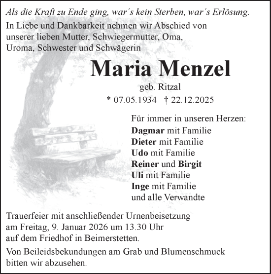 Traueranzeige von Maria Menzel von SÜDWEST PRESSE Ausgabe Ulm/Neu-Ulm