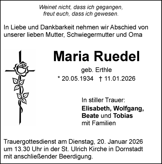 Traueranzeige von Maria Ruedel von SÜDWEST PRESSE Ausgabe Ulm/Neu-Ulm