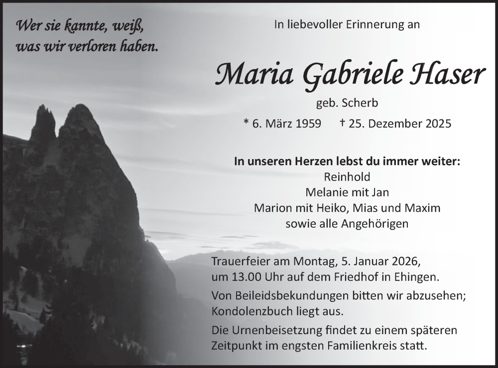  Traueranzeige für Maria Gabriele Haser vom 03.01.2026 aus Ehinger Tagblatt