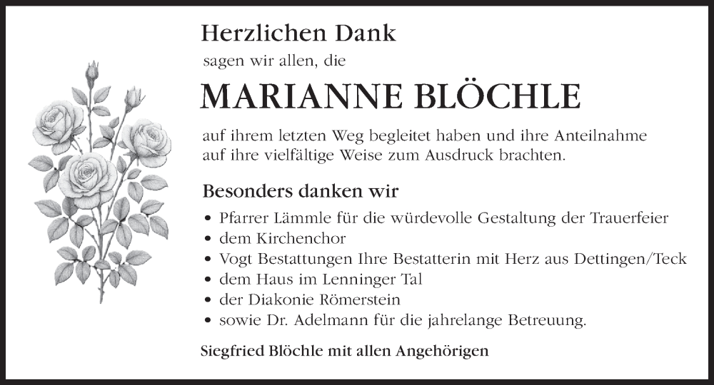  Traueranzeige für Marianne Blöchle vom 03.01.2026 aus Alb-Bote/Metzinger-Uracher Volksblatt