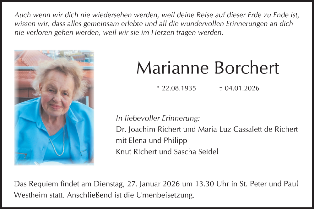  Traueranzeige für Marianne Borchert vom 17.01.2026 aus Haller Tagblatt