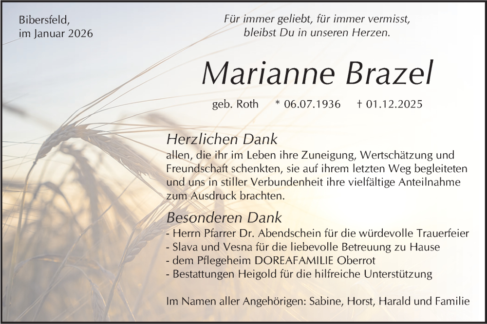  Traueranzeige für Marianne Brazel vom 07.01.2026 aus Haller Tagblatt