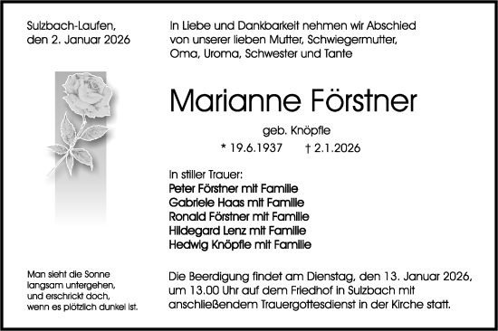 Traueranzeige von Marianne Förstner von Rundschau Gaildorf