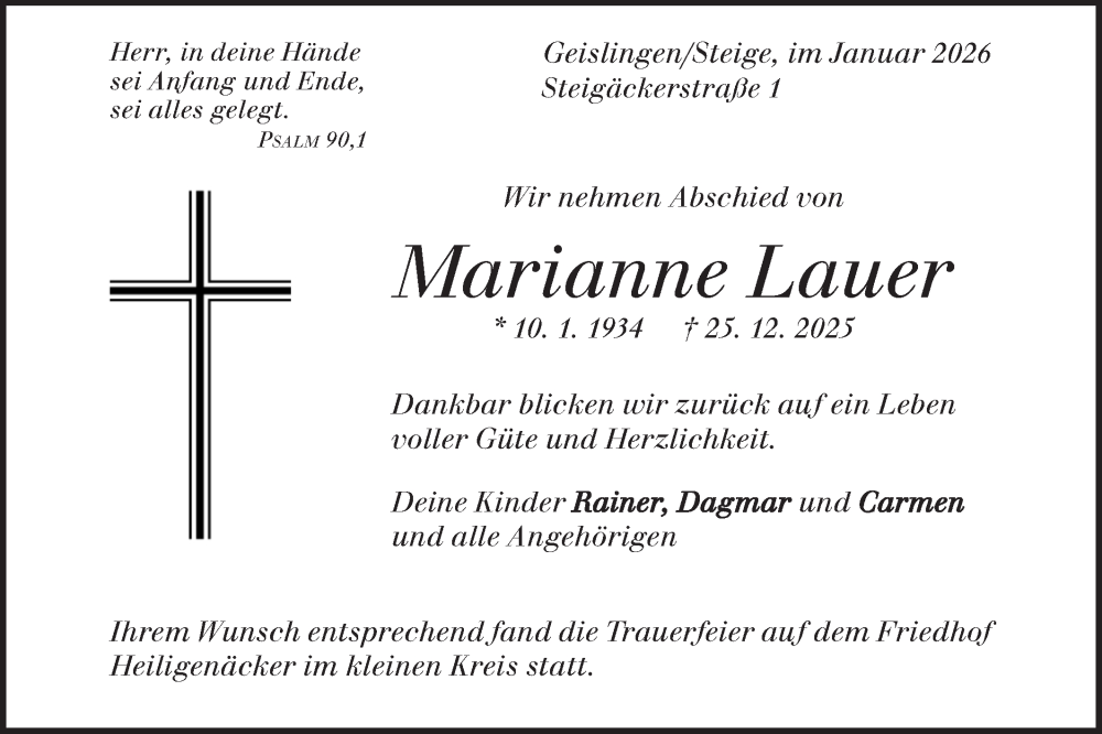  Traueranzeige für Marianne Lauer vom 08.01.2026 aus Geislinger Zeitung