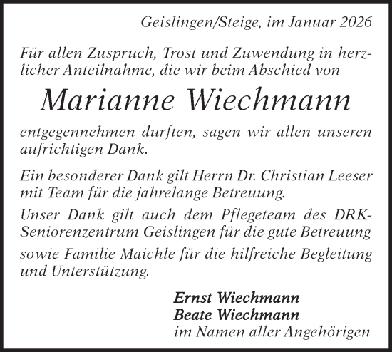 Traueranzeige von Marianne Wiechmann von Geislinger Zeitung