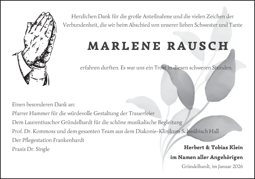  Traueranzeige für Marlene Rausch vom 07.01.2026 aus Hohenloher Tagblatt