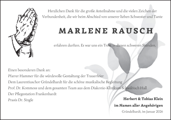 Traueranzeige von Marlene Rausch von Hohenloher Tagblatt