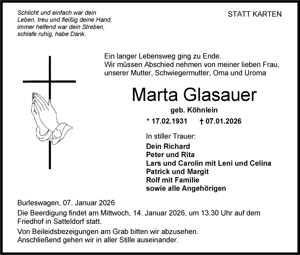  Traueranzeige für Marta Glasauer vom 12.01.2026 aus Hohenloher Tagblatt