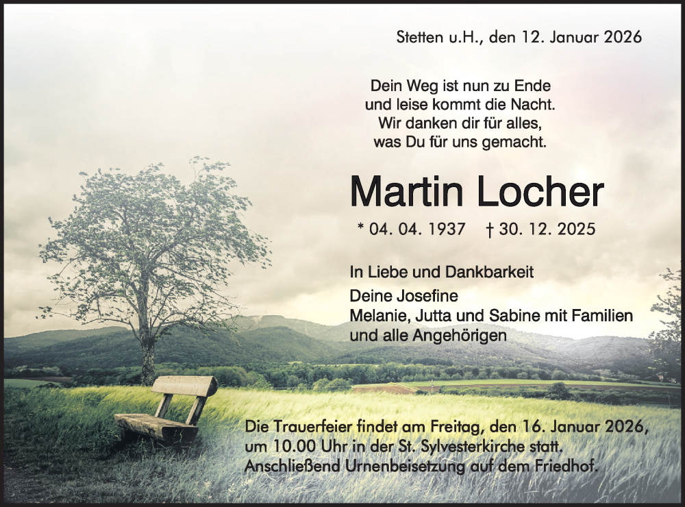  Traueranzeige für Martin Locher vom 12.01.2026 aus SÜDWEST PRESSE Zollernalbkreis/Hohenzollerische Zeitung