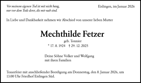 Traueranzeige von Mechthilde Fetzer von NWZ Neue Württembergische Zeitung