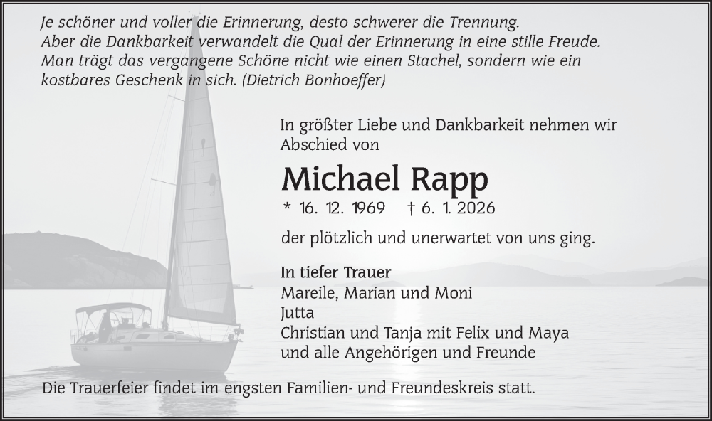  Traueranzeige für Michael Rapp vom 10.01.2026 aus NWZ Neue Württembergische Zeitung
