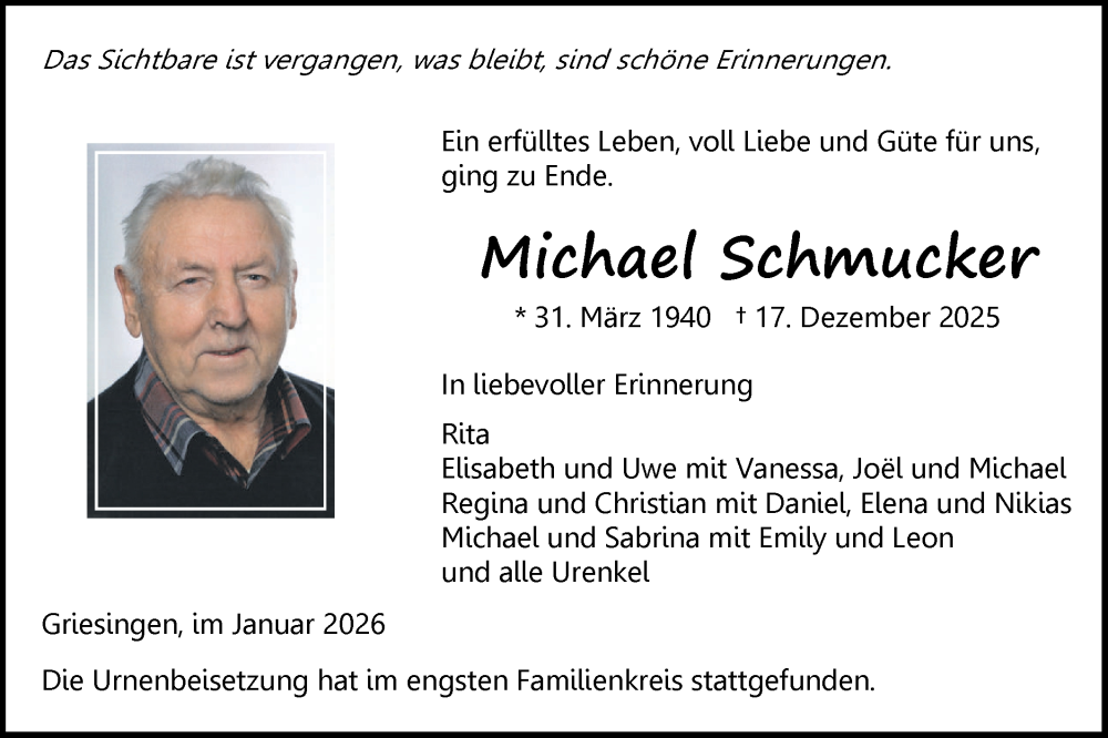  Traueranzeige für Michael Schmucker vom 10.01.2026 aus Ehinger Tagblatt