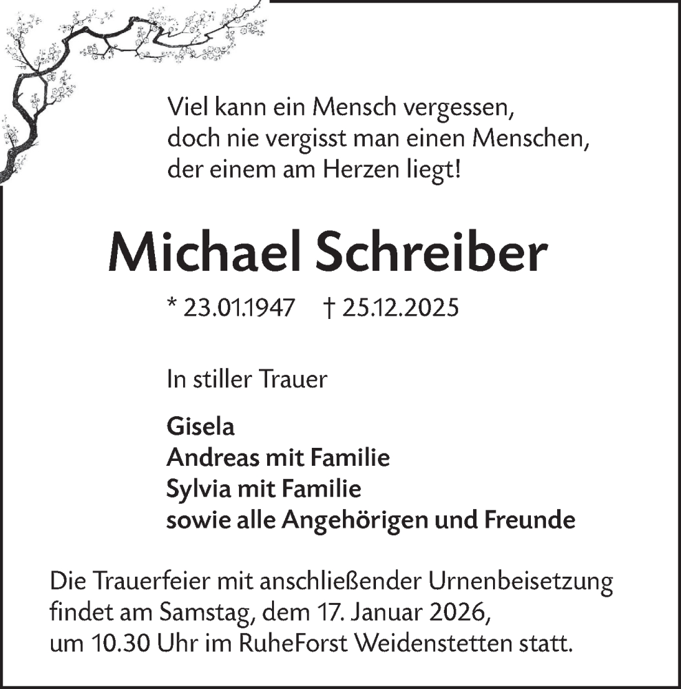  Traueranzeige für Michael Schreiber vom 10.01.2026 aus SÜDWEST PRESSE Ausgabe Ulm/Neu-Ulm