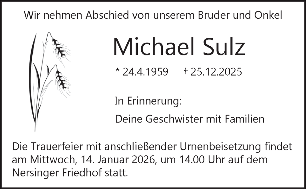  Traueranzeige für Michael Sulz vom 03.01.2026 aus SÜDWEST PRESSE Ausgabe Ulm/Neu-Ulm