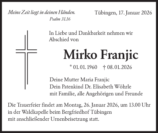 Traueranzeige von Mirko Franjic von Schwäbische Tagblatt