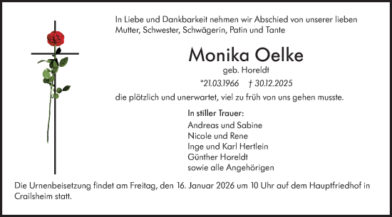 Traueranzeige von Monika Oelke von Hohenloher Tagblatt