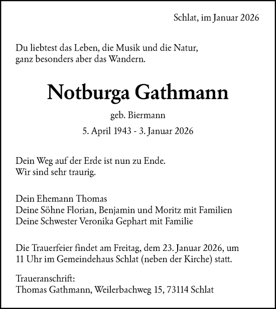 Traueranzeige von Notburga Gathmann von NWZ Neue Württembergische Zeitung