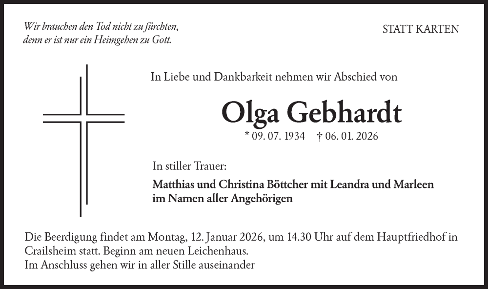  Traueranzeige für Olga Gebhardt vom 10.01.2026 aus Hohenloher Tagblatt