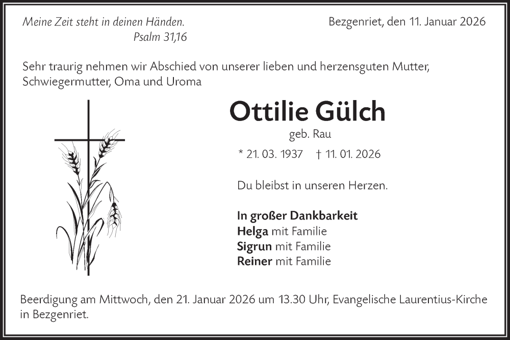  Traueranzeige für Ottilie Gülch vom 16.01.2026 aus NWZ Neue Württembergische Zeitung