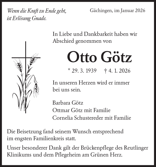 Traueranzeige von Otto Götz von Alb-Bote/Metzinger-Uracher Volksblatt