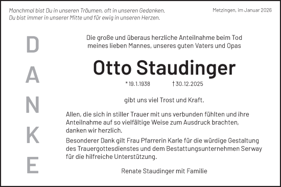 Traueranzeige von Otto Staudinger von Alb-Bote/Metzinger-Uracher Volksblatt