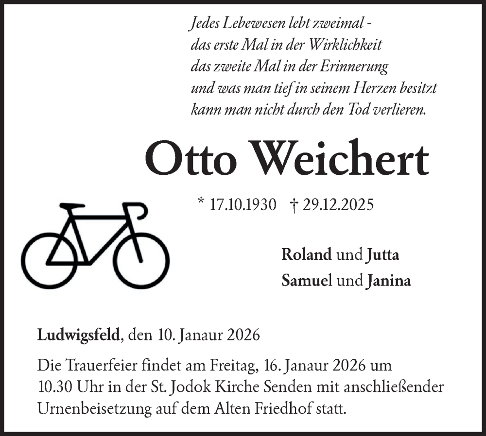  Traueranzeige für Otto Weichert vom 10.01.2026 aus SÜDWEST PRESSE Ausgabe Ulm/Neu-Ulm