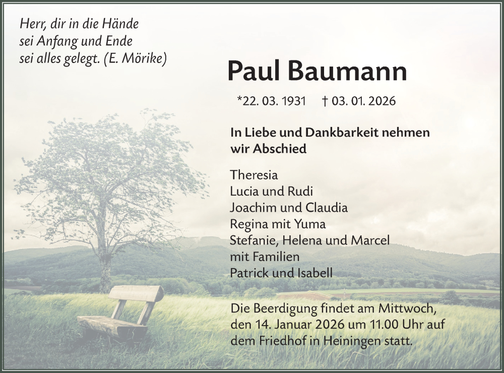  Traueranzeige für Paul Baumann vom 10.01.2026 aus NWZ Neue Württembergische Zeitung
