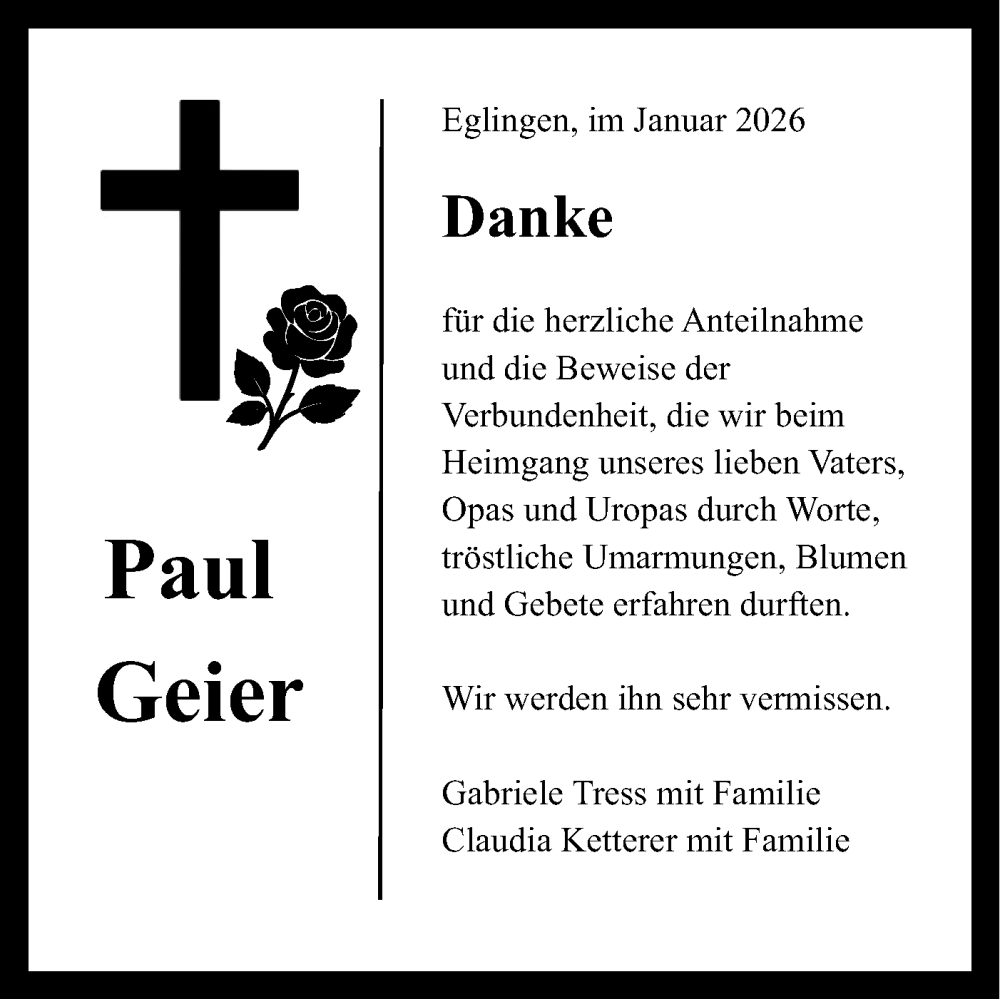  Traueranzeige für Paul Geier vom 13.01.2026 aus Alb-Bote/Metzinger-Uracher Volksblatt