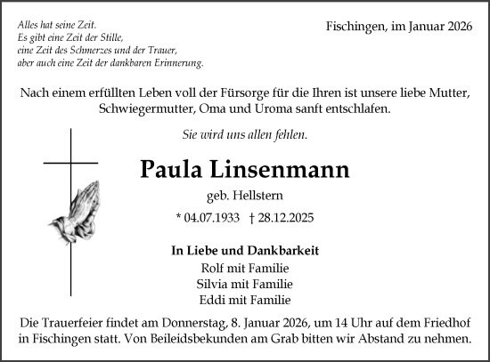 Traueranzeige von Paula Linsenmann von Neckar-Chronik