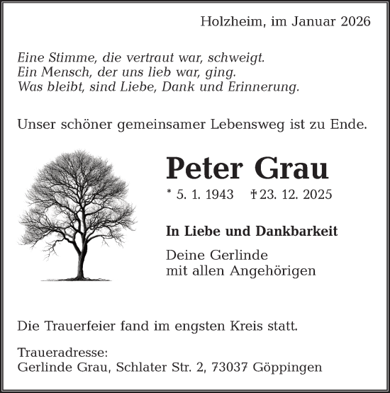 Traueranzeige von Peter Grau von NWZ Neue Württembergische Zeitung