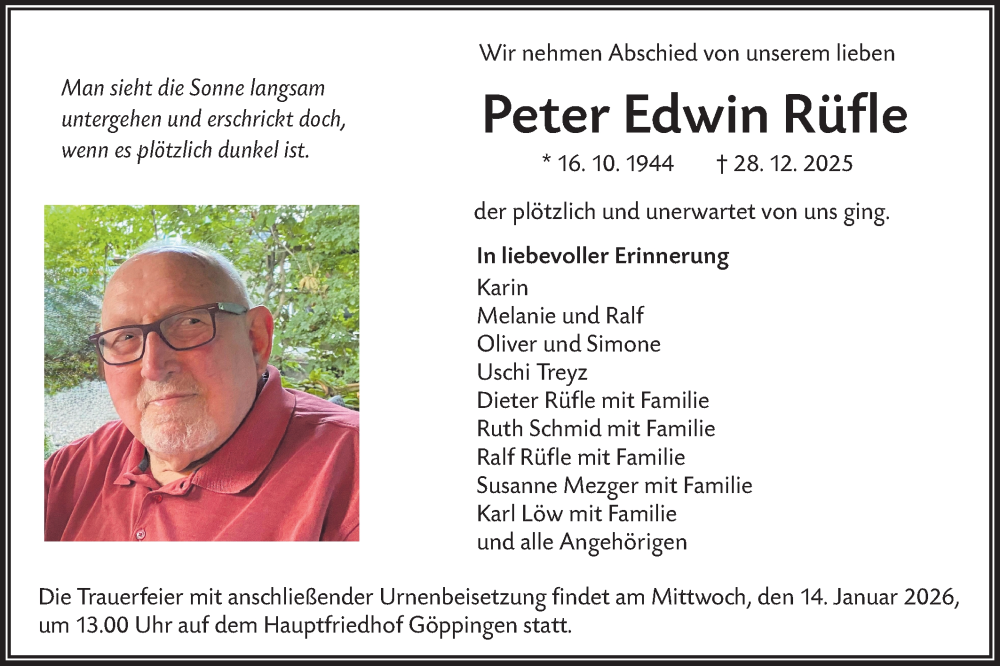  Traueranzeige für Peter Edwin Rüfle vom 10.01.2026 aus NWZ Neue Württembergische Zeitung