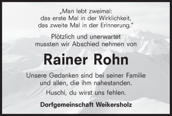 Traueranzeige von Rainer Rohn von Hohenloher Tagblatt