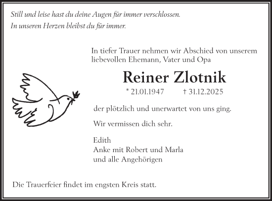Traueranzeige von Reiner Zlotnik von NWZ Neue Württembergische Zeitung