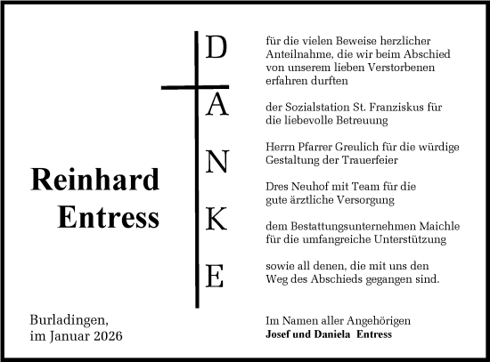 Traueranzeige von Reinhard Entress von SÜDWEST PRESSE Zollernalbkreis/Hohenzollerische Zeitung
