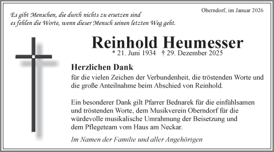 Traueranzeige von Reinhold Heumesser von Schwäbische Tagblatt
