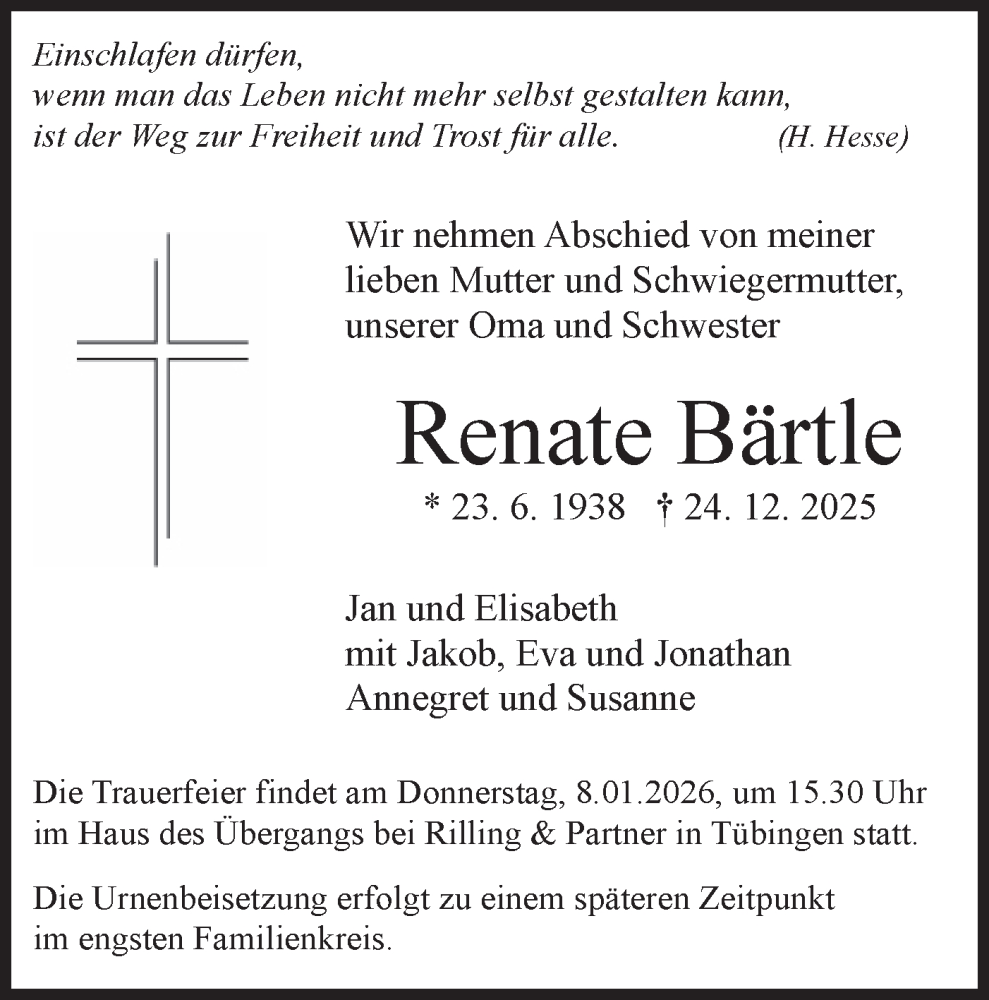  Traueranzeige für Renate Bärtle vom 03.01.2026 aus Schwäbische Tagblatt