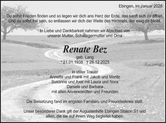 Traueranzeige von Renate Bez von SÜDWEST PRESSE Zollernalbkreis/Hohenzollerische Zeitung