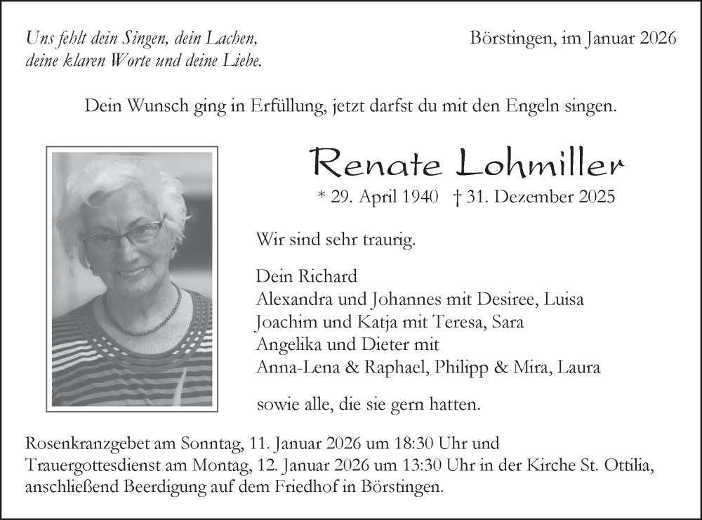  Traueranzeige für Renate Lohmiller vom 08.01.2026 aus Schwäbische Tagblatt