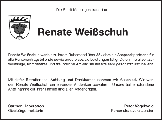 Traueranzeige von Renate Weißschuh von Alb-Bote/Metzinger-Uracher Volksblatt