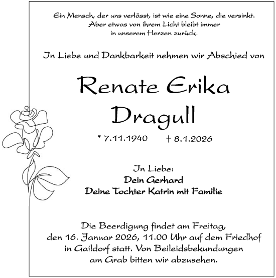 Traueranzeige von Renate Erika Dragull von Rundschau Gaildorf