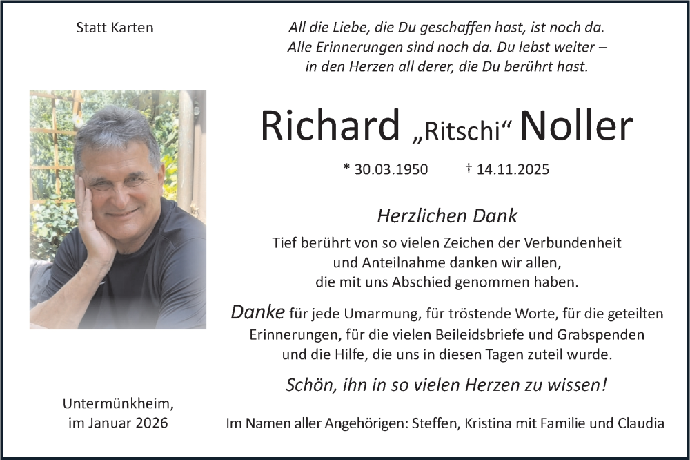  Traueranzeige für Richard Noller vom 15.01.2026 aus Haller Tagblatt