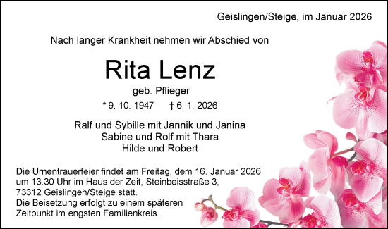 Traueranzeige von Rita Lenz von Geislinger Zeitung