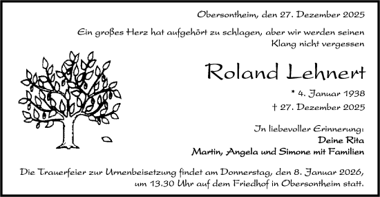 Traueranzeige von Roland Lehnert von Haller Tagblatt